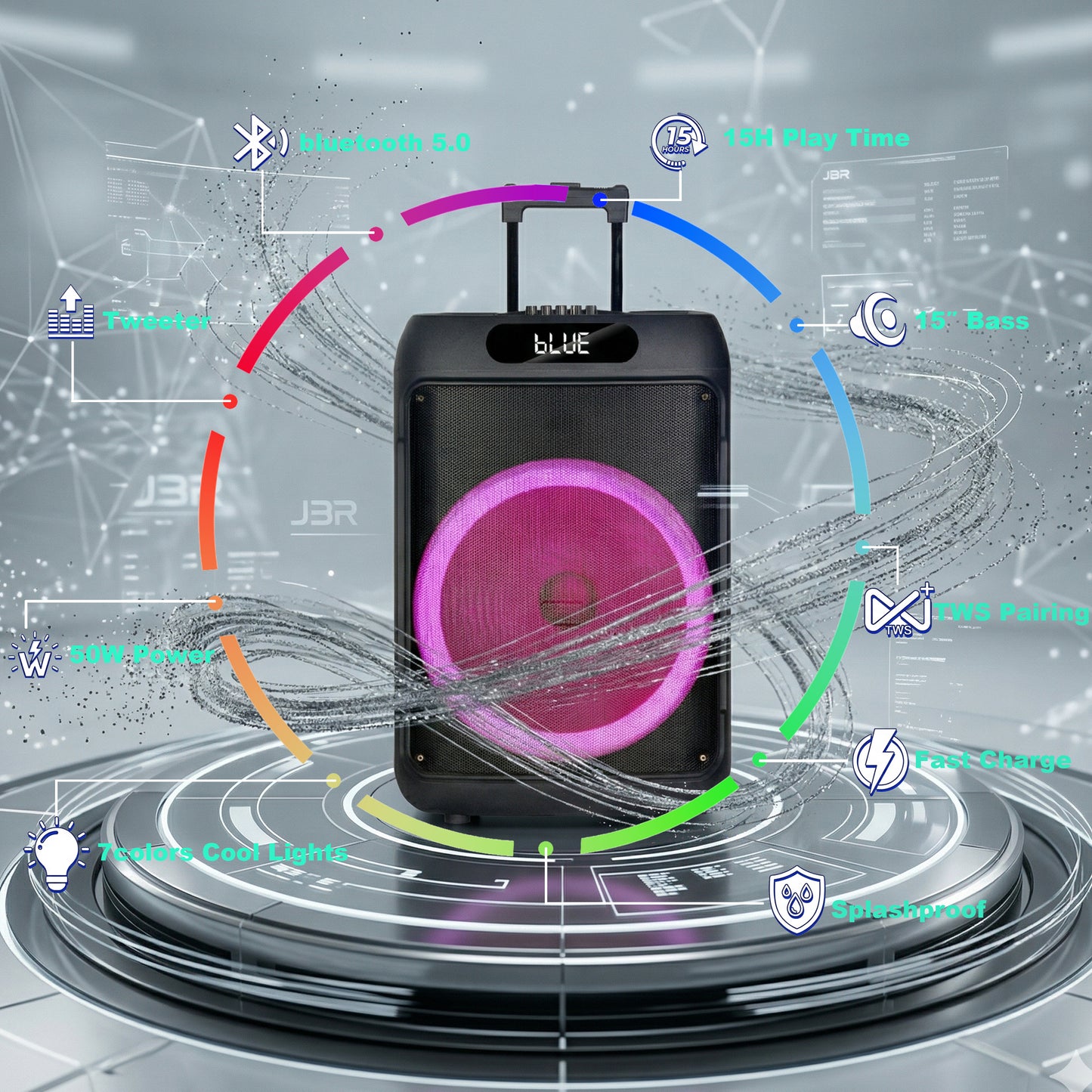 50W 15″ bass Portable speaker 4500mAh with 2pcs wireless microphones bluetooth