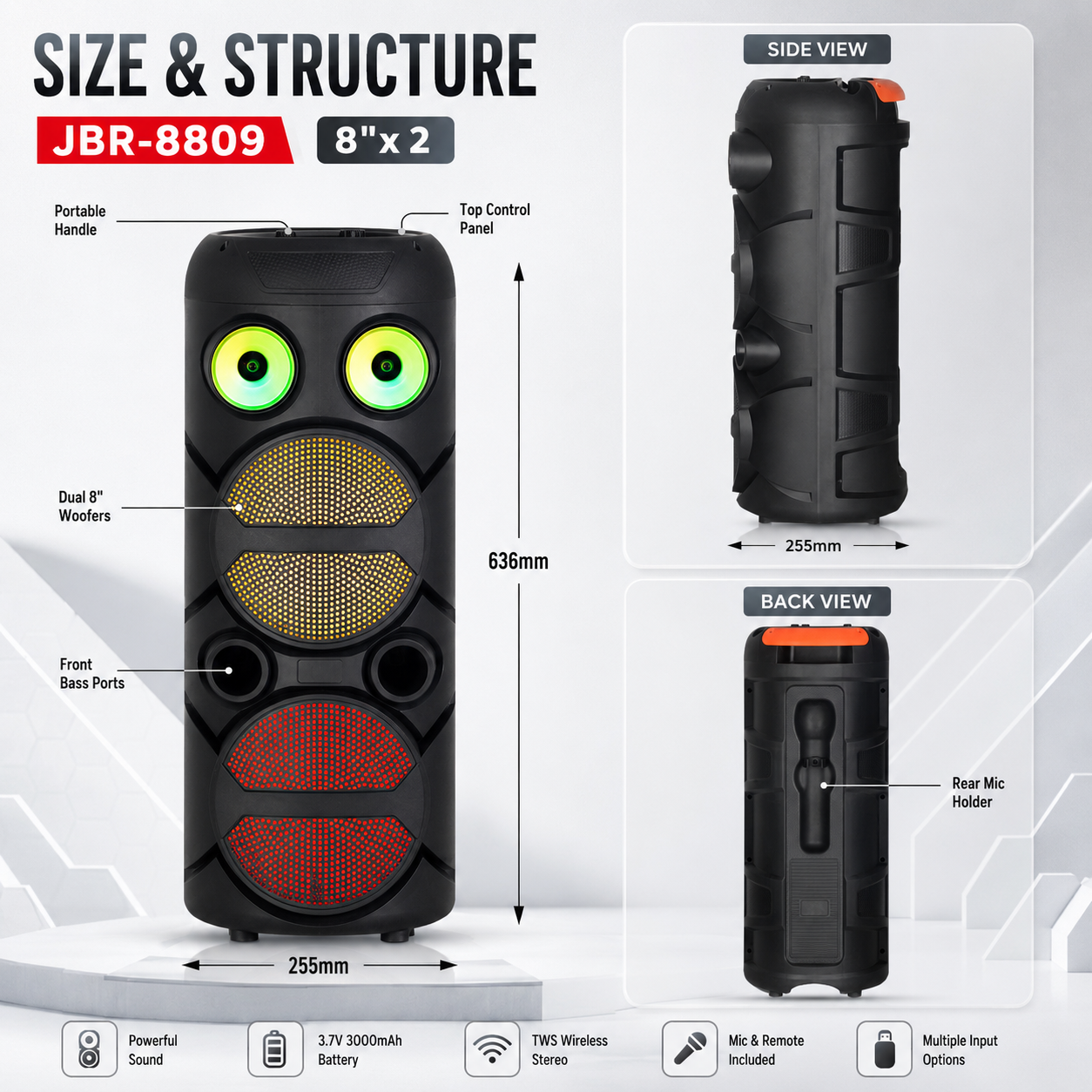 20W 3000mAh 8inch*2 bass+ tweeter party speaker outdoor HIFI Voice