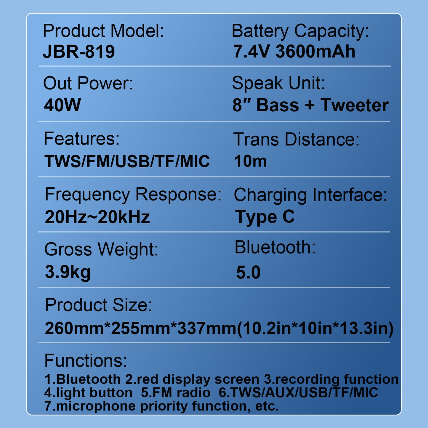 40W 8in Bass+Tweeter Portable Bluetooth Speaker for Home, Outdoor