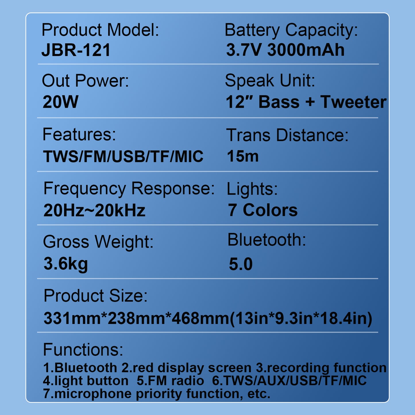 12inch Bass+Tweeter Portable Bluetooth Speaker for Home, Outdoor