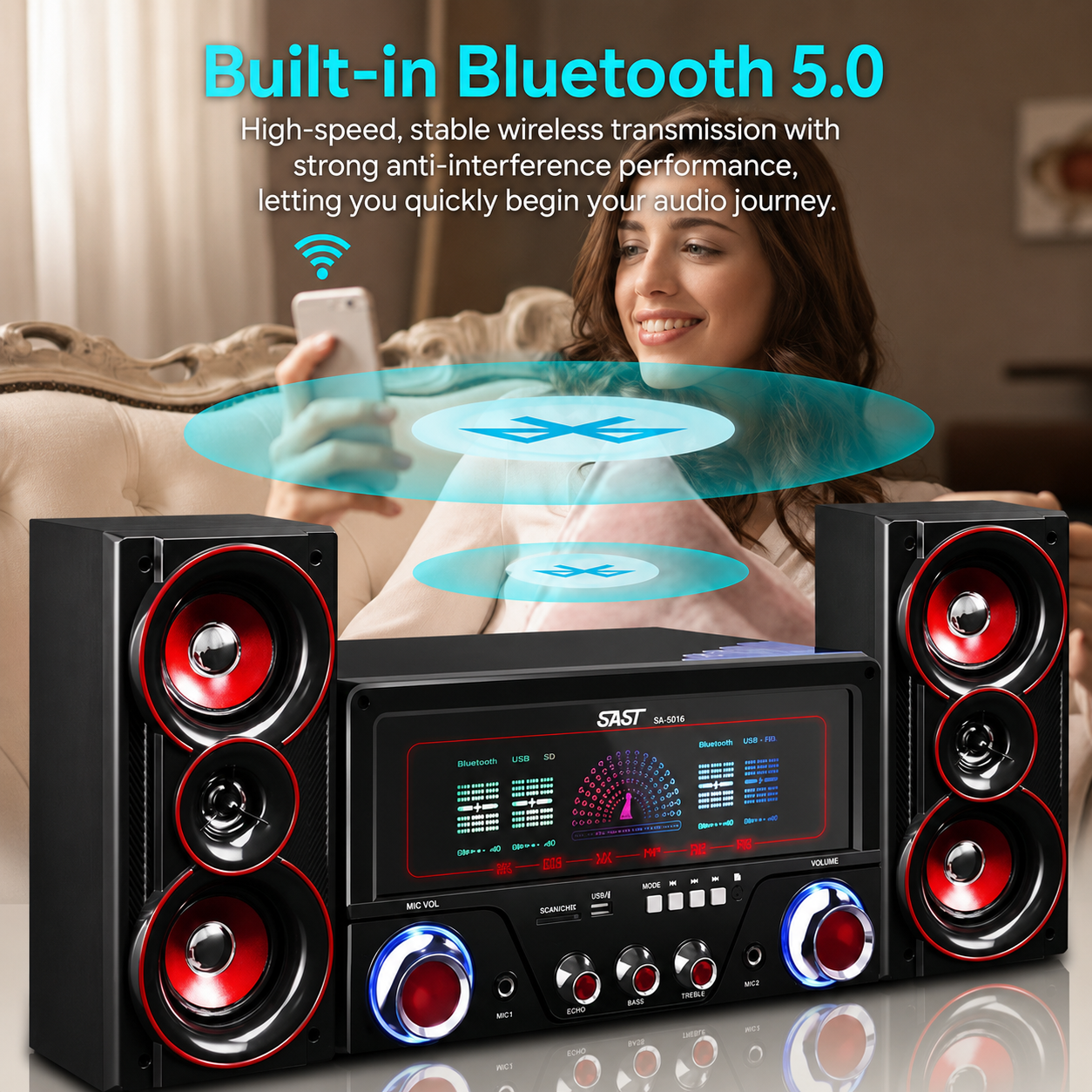 SAST Wooden Audio Home Theater Bluetooth Speaker 4inch Super Subwoofer 2pcs full range 3inch Speakers 60W