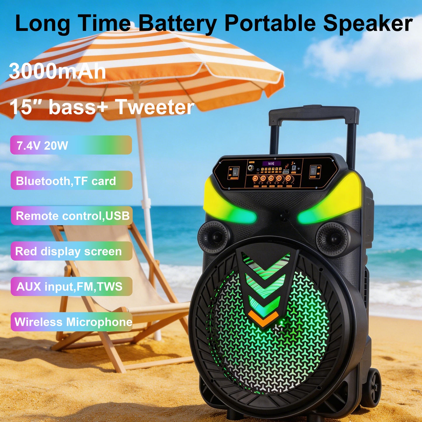 15inch bass portable speaker 3000mAh 20W outdoor audio with wireless speakers