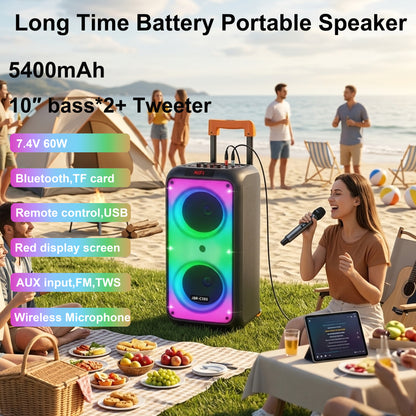 60W 2PCS 10“ bass tweeter 5400mah outdoor speaker with 2pcs wireless microphones