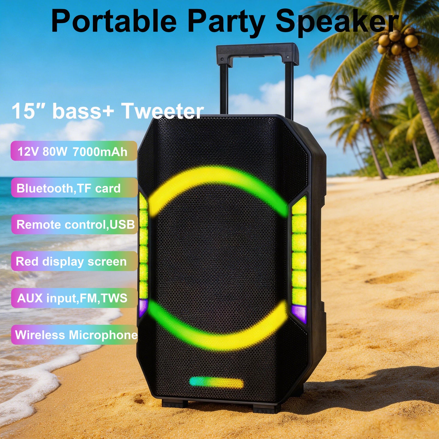 15“ Subwoofer + Tweeter 12V 7000mAh 80W Bluetooth Party Speeker with Microphones