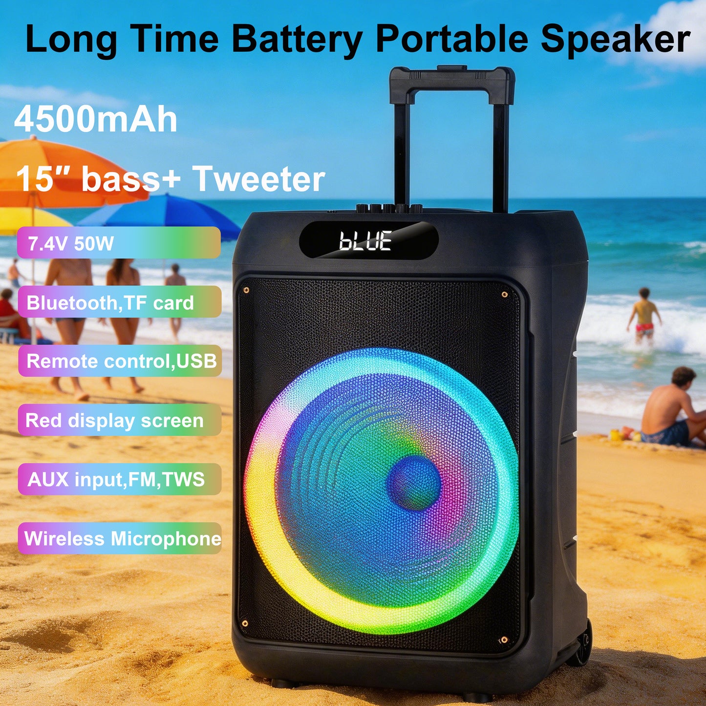 50W 15″ bass Portable speaker 4500mAh with 2pcs wireless microphones bluetooth