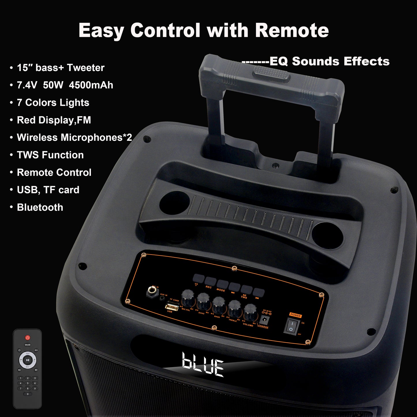 50W 15″ bass Portable speaker 4500mAh with 2pcs wireless microphones bluetooth