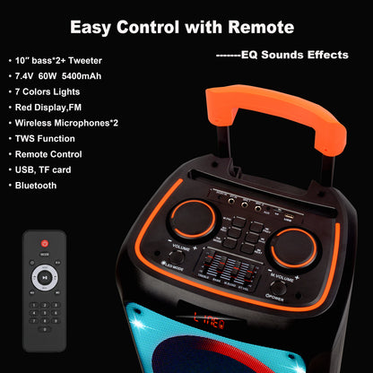 60W 2PCS 10“ bass tweeter 5400mah outdoor speaker with 2pcs wireless microphones