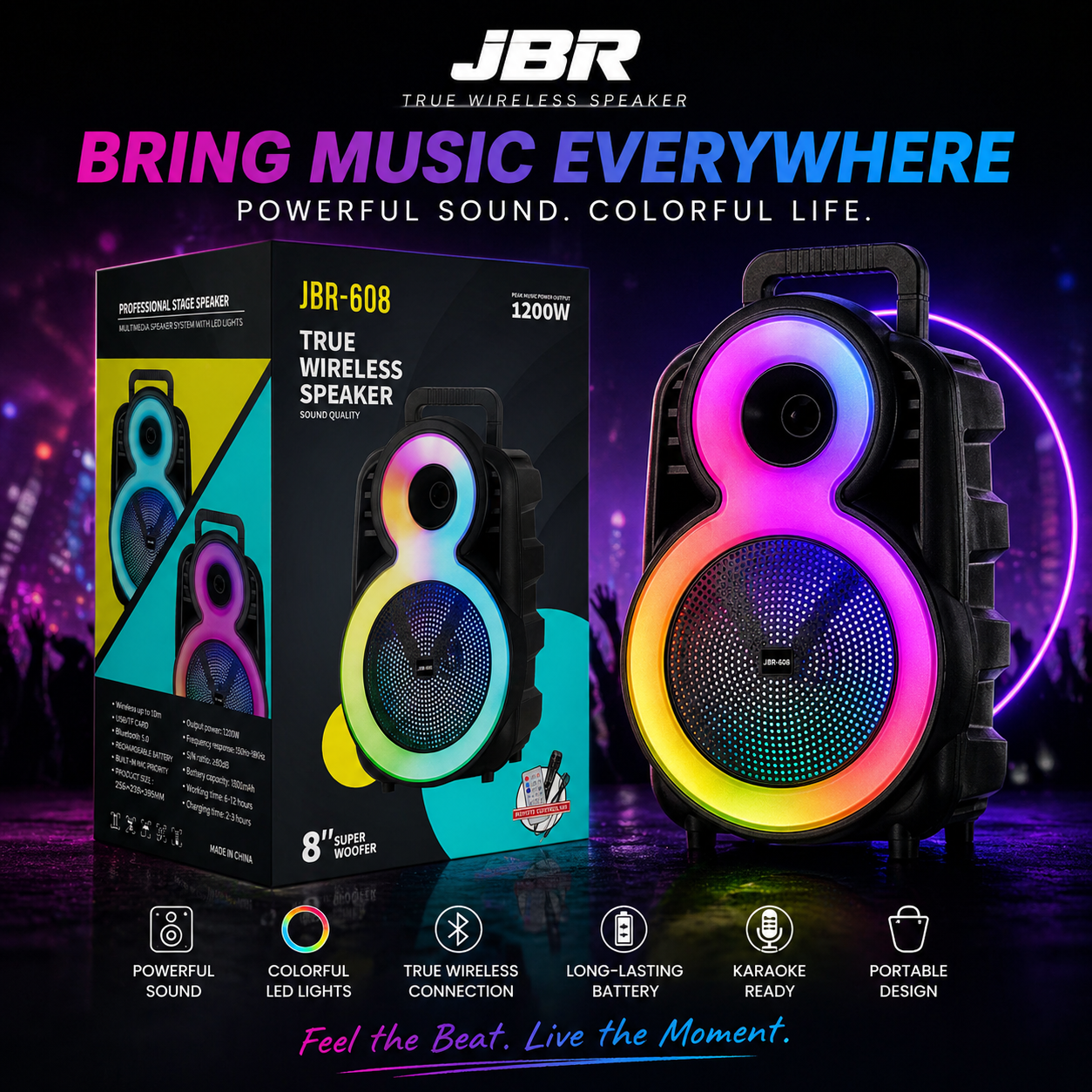 8″ Bass 3600mAh Ourdoor Party Speaker Bluetooth Long battery Life