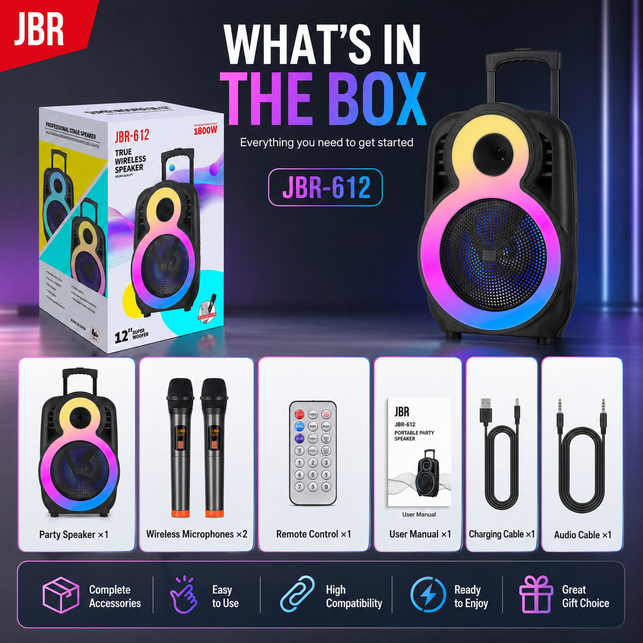 Party Speaker Bluetooth 8″ Bass 2″ Tweeter 1800mAh Ourdoor TWS