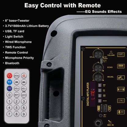 8″+ Tweeter Portable Party Speaker with Long Lasting Battery