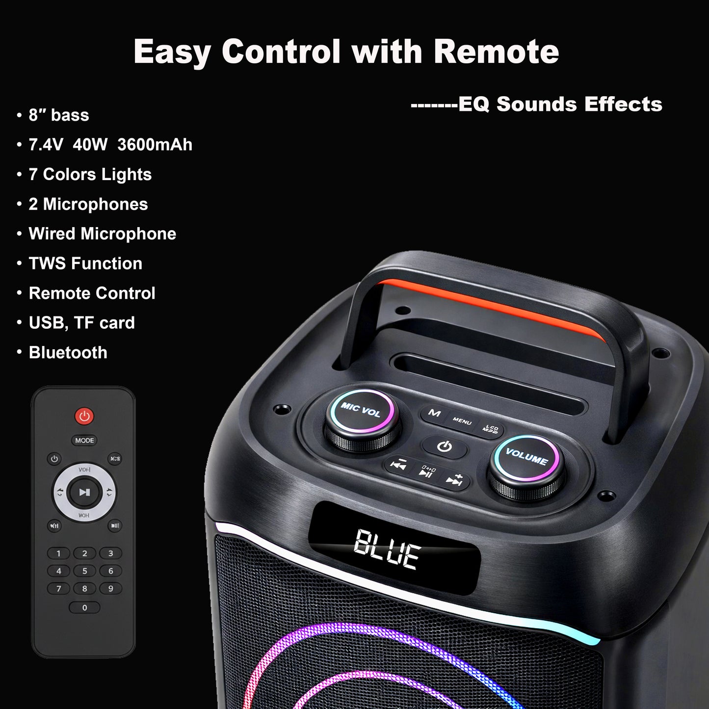 40W 8in Bass+Tweeter Portable Bluetooth Speaker for Home, Outdoor