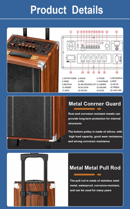 50W Bluetooth Speaker Wooden Portable Super Bass Speakers Free Wireless Microphone