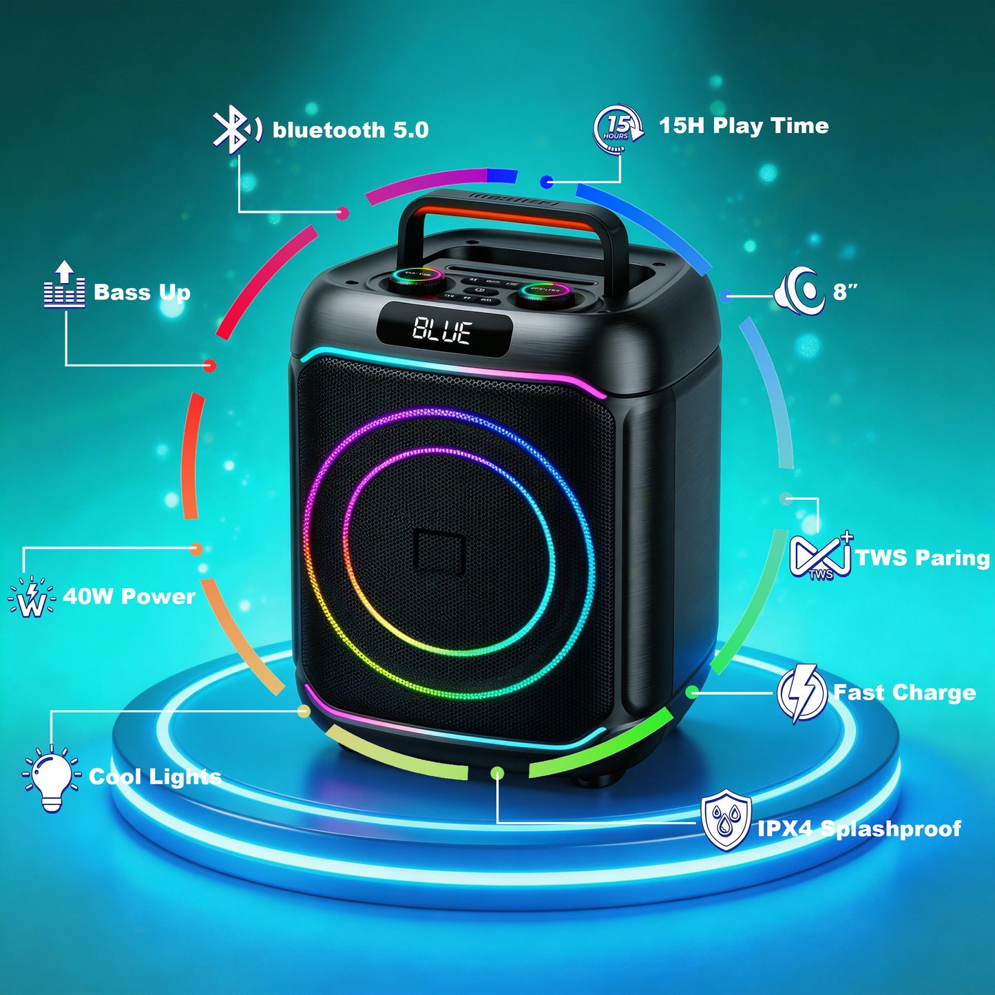 40W 8in Bass+Tweeter Portable Bluetooth Speaker for Home, Outdoor