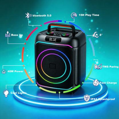 40W 8in Bass+Tweeter Portable Bluetooth Speaker for Home, Outdoor