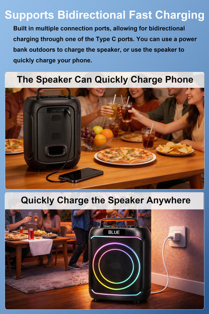 40W 8in Bass+Tweeter Portable Bluetooth Speaker for Home, Outdoor