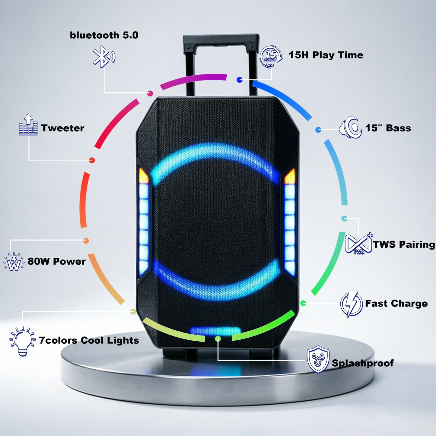 15“ Subwoofer + Tweeter 12V 7000mAh 80W Bluetooth Party Speeker with Microphones