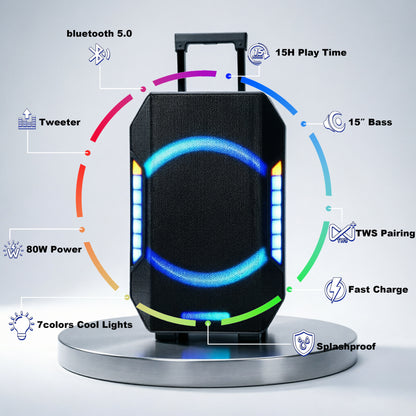 15“ Subwoofer + Tweeter 12V 7000mAh 80W Bluetooth Party Speeker with Microphones