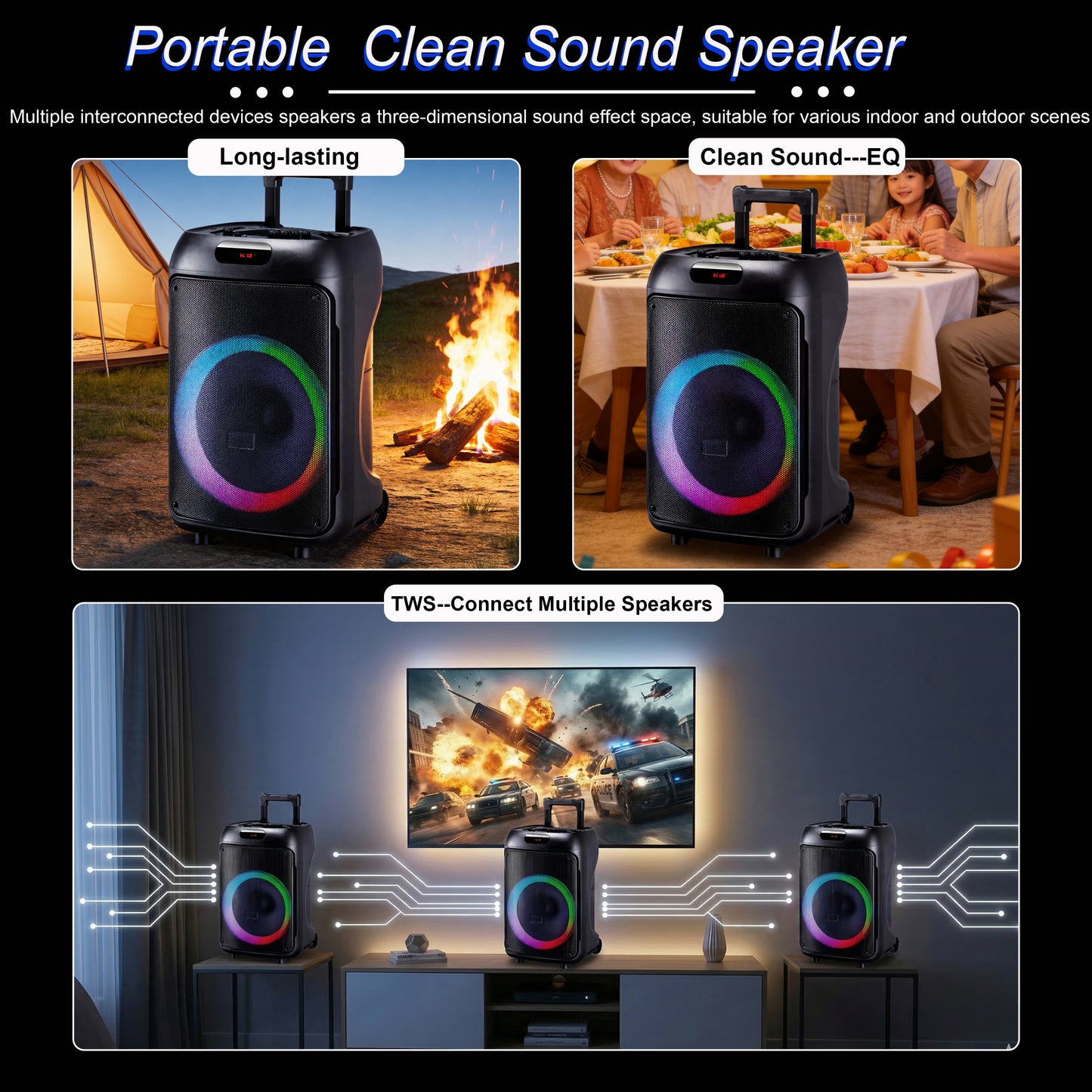 12“ bass+Tweeter 4000mAh Long Battery Life Outdoor Portable Speeker 20W 3.7V