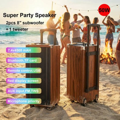 50W Bluetooth Speaker Wooden Portable Super Bass Speakers Free Wireless Microphone