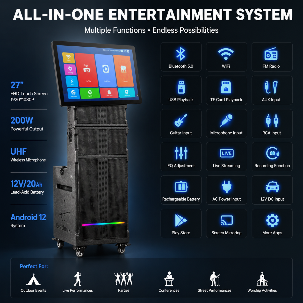 Outdoor 15 inch large screen singing high-power 200W 27 inch touch screen outdoor performance activity audio