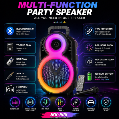 8″ Bass 3600mAh Ourdoor Party Speaker Bluetooth Long battery Life