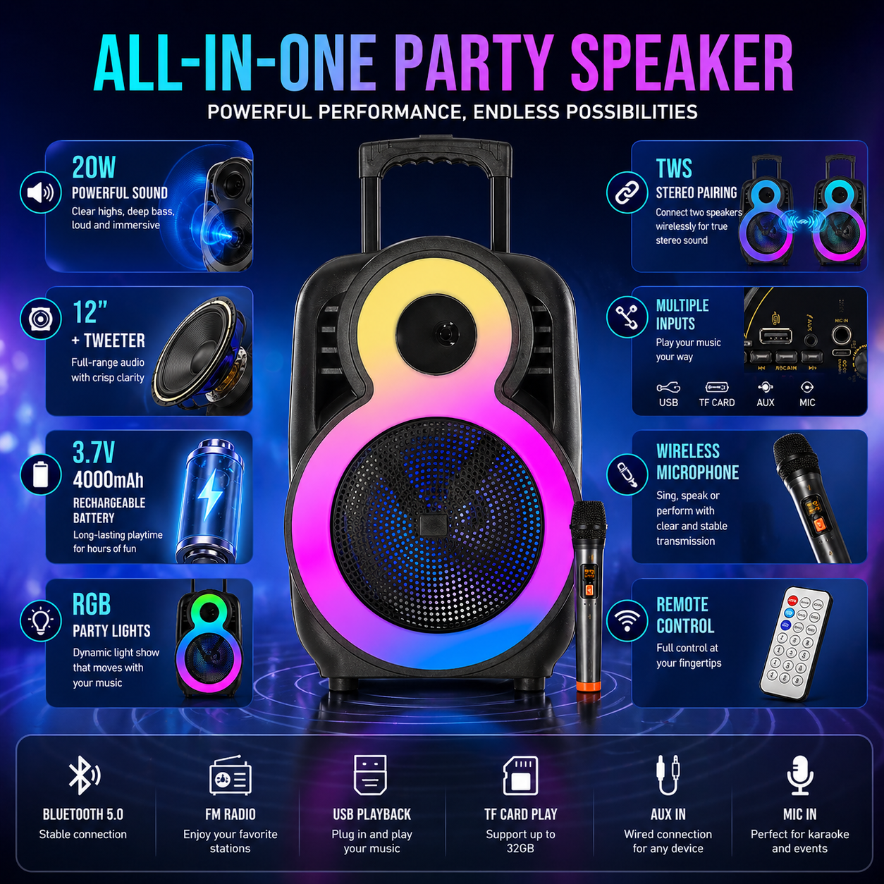 Party Speaker Bluetooth 8″ Bass 2″ Tweeter 1800mAh Ourdoor TWS