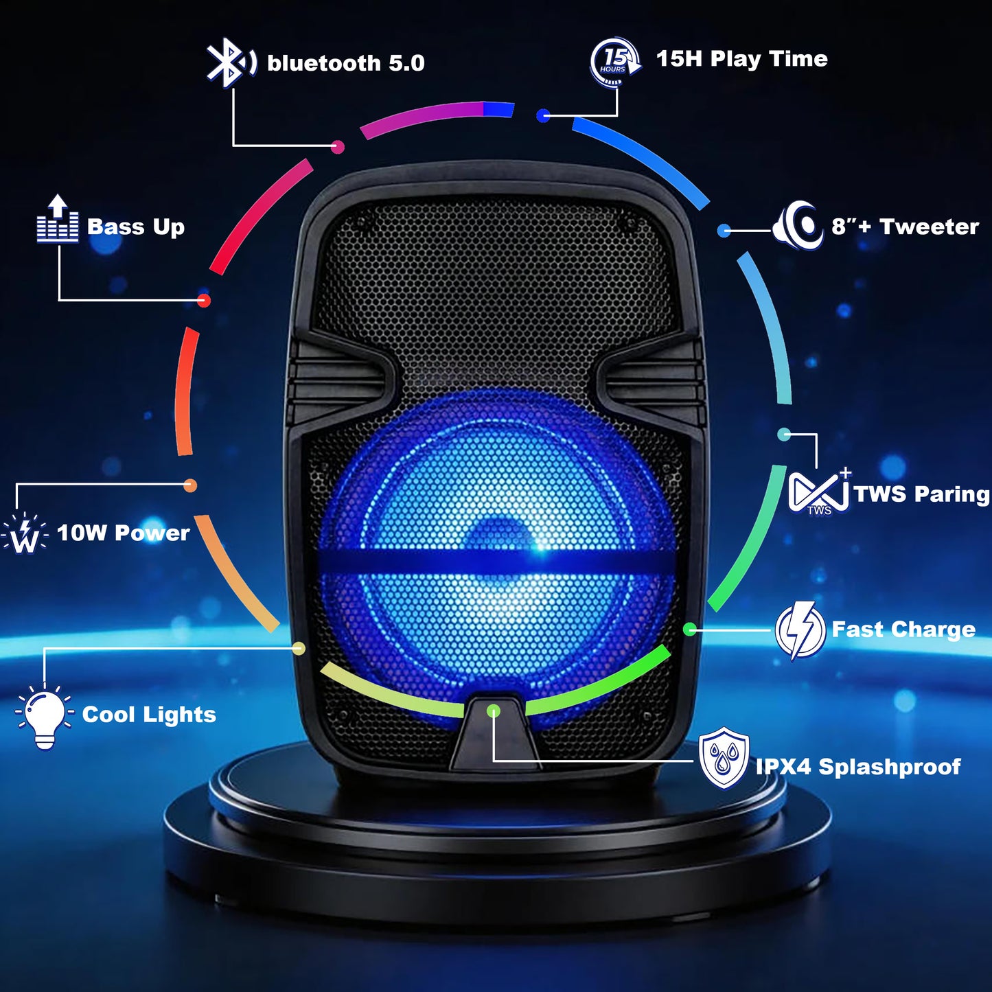 8″+ Tweeter Portable Party Speaker with Long Lasting Battery