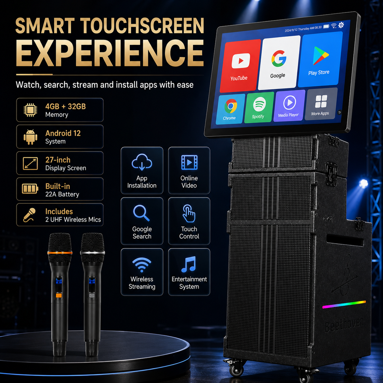 Outdoor 15 inch large screen singing high-power 200W 27 inch touch screen outdoor performance activity audio
