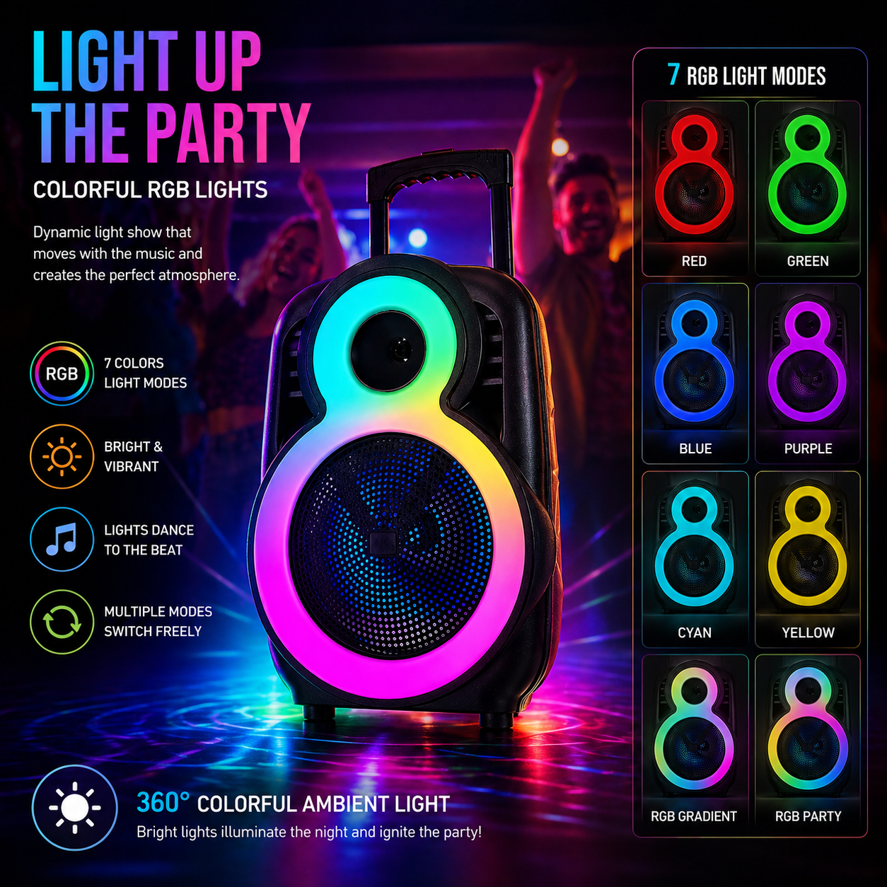 Party Speaker Bluetooth 8″ Bass 2″ Tweeter 1800mAh Ourdoor TWS