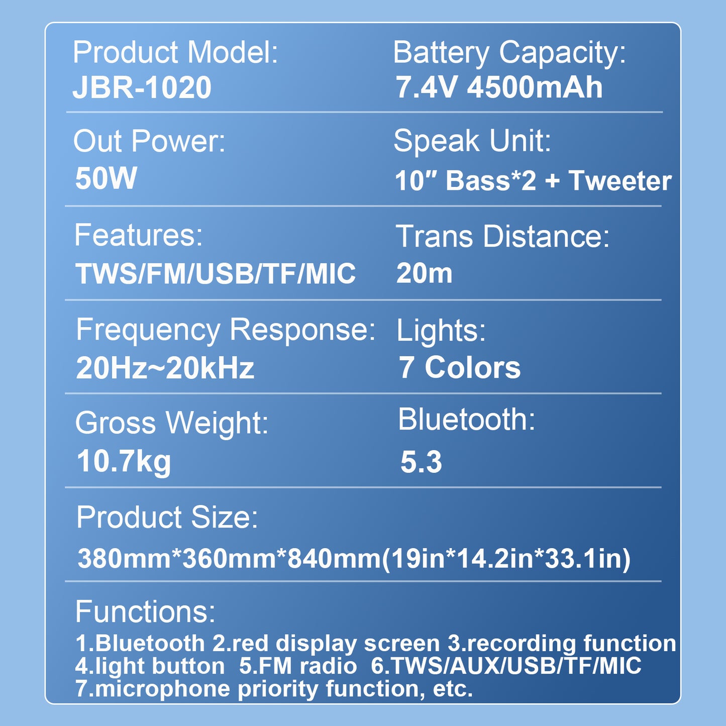 10″ subwoofer + Tweeter portable outdoor speeker clean sound 4500mAh 7.4V 50W