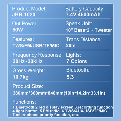 10″ subwoofer + Tweeter portable outdoor speeker clean sound 4500mAh 7.4V 50W
