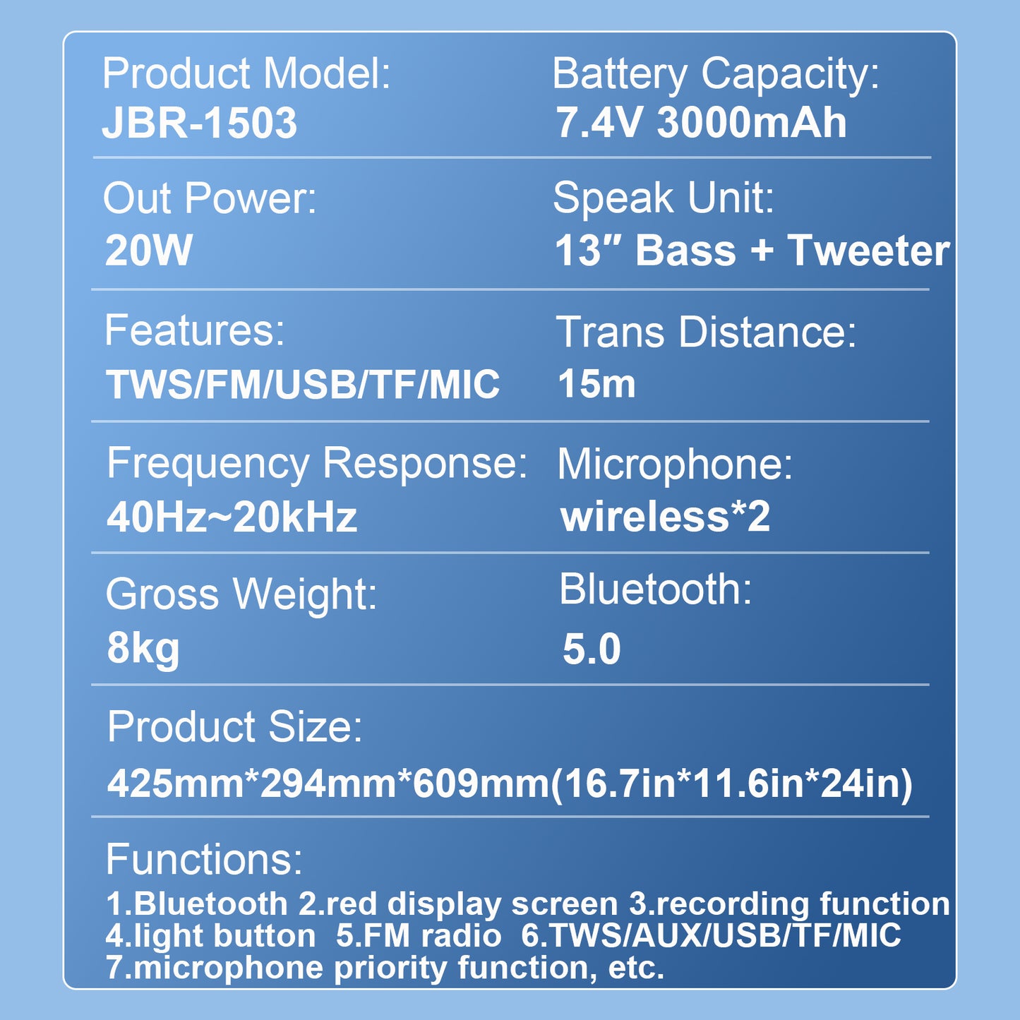 15inch bass portable speaker 3000mAh 20W outdoor audio with wireless speakers