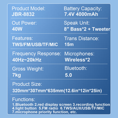 2pcs 8inch bass 40W 4000mAh portable outdoor audio speaker 7.4V