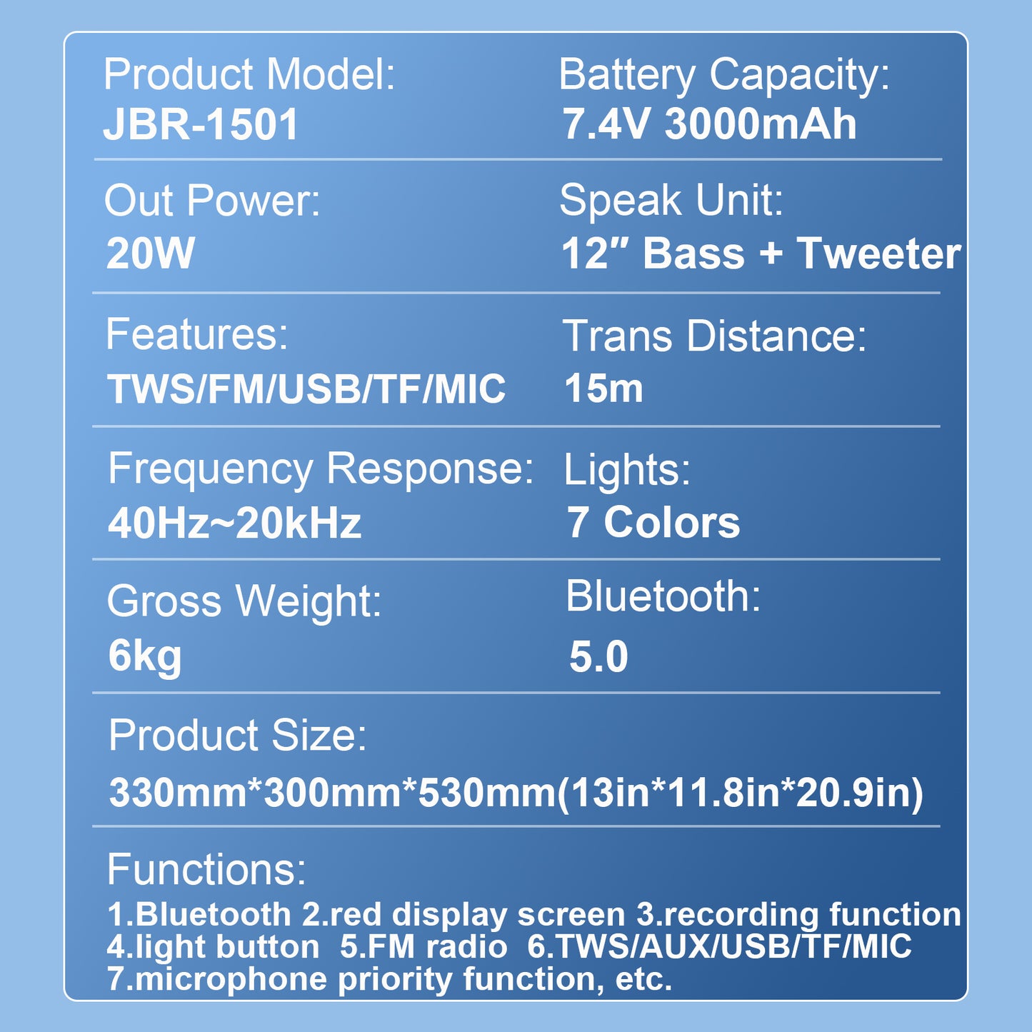 13inch bass +Tweeter portable speaker 3600mAh 20W outdoor audio with wireless speakers