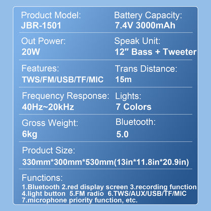 13inch bass +Tweeter portable speaker 3600mAh 20W outdoor audio with wireless speakers