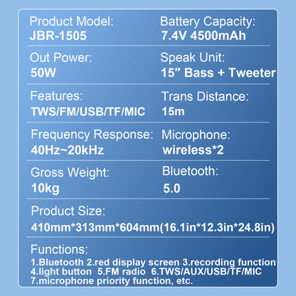 50W 15″ bass Portable speaker 4500mAh with 2pcs wireless microphones bluetooth