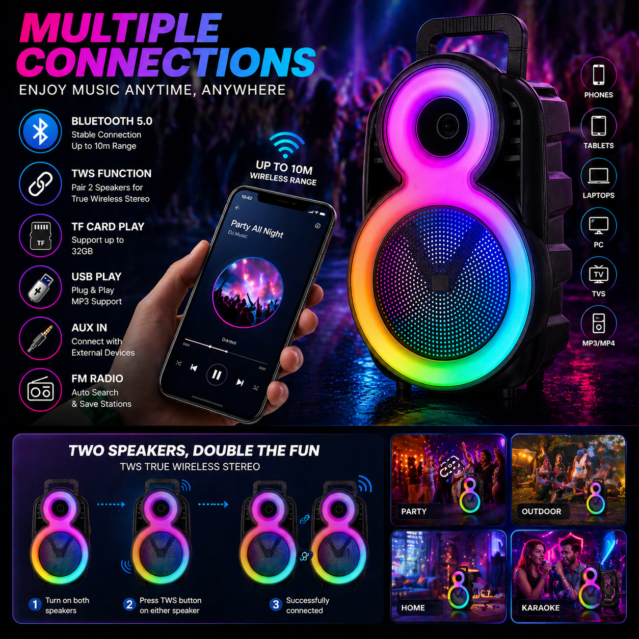 8″ Bass 3600mAh Ourdoor Party Speaker Bluetooth Long battery Life
