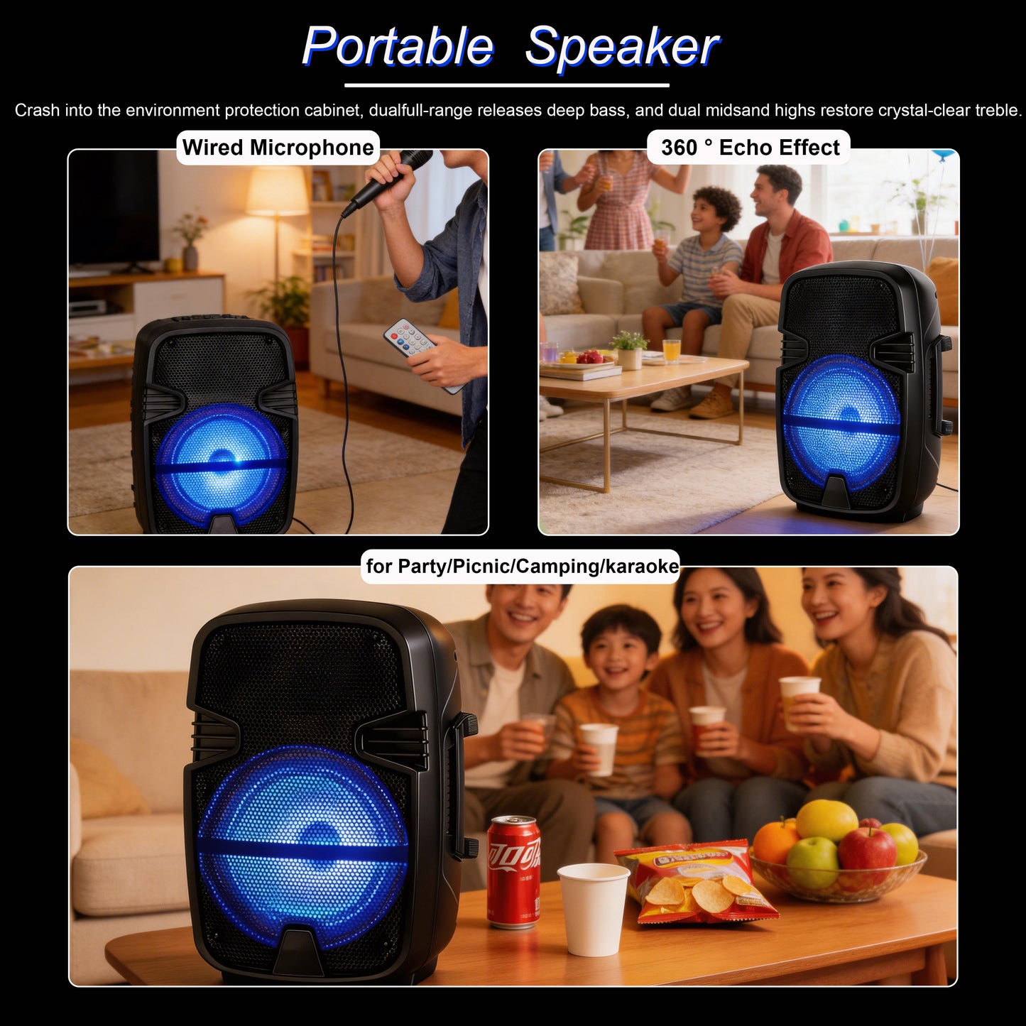 8″+ Tweeter Portable Party Speaker with Long Lasting Battery