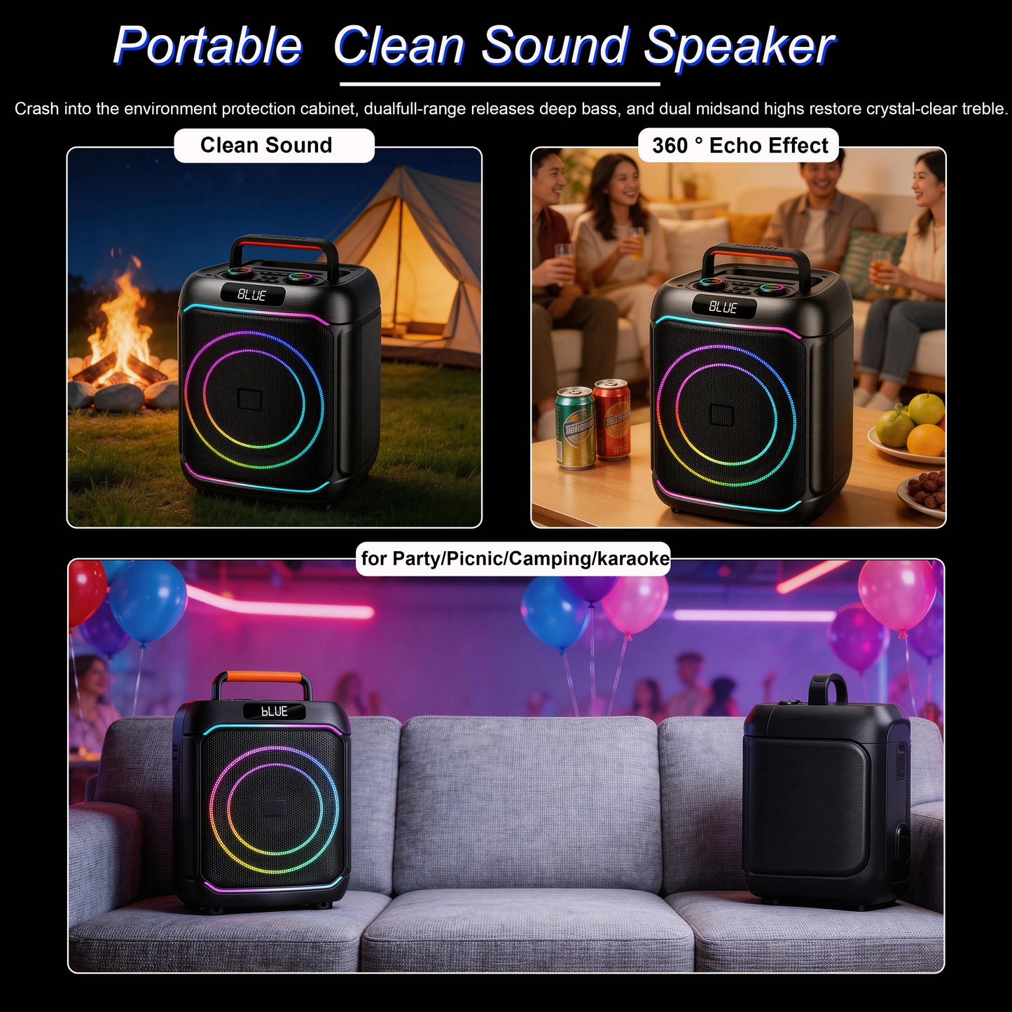 40W 8in Bass+Tweeter Portable Bluetooth Speaker for Home, Outdoor