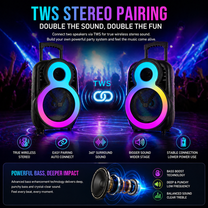 Party Speaker Bluetooth 8″ Bass 2″ Tweeter 1800mAh Ourdoor TWS