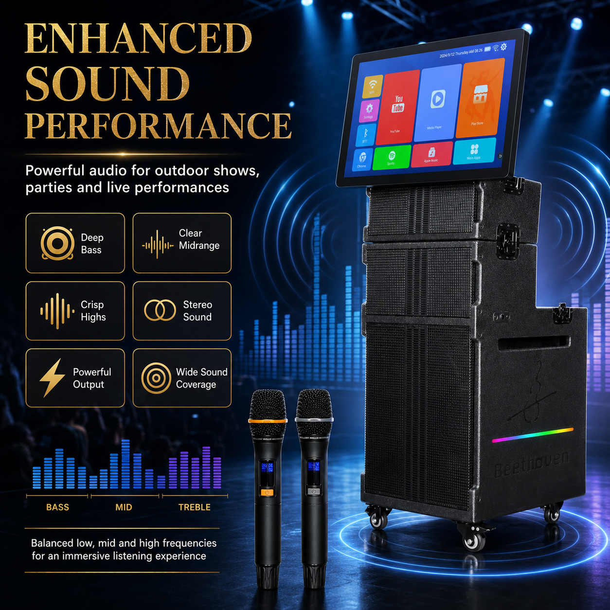 Outdoor 15 inch large screen singing high-power 200W 27 inch touch screen outdoor performance activity audio