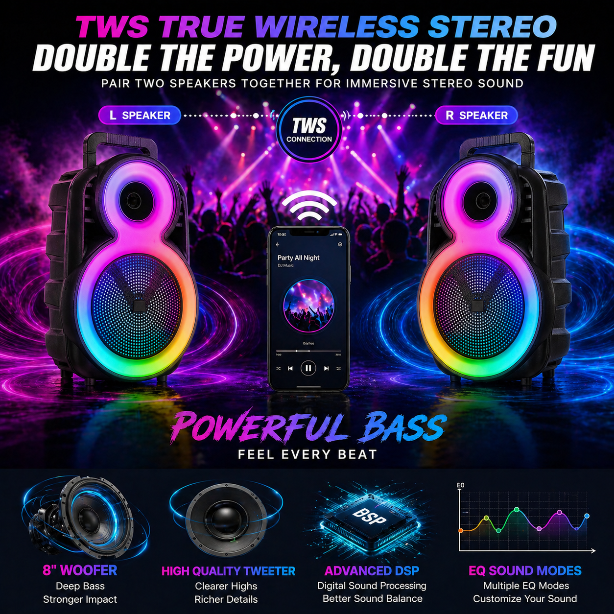 8″ Bass 3600mAh Ourdoor Party Speaker Bluetooth Long battery Life