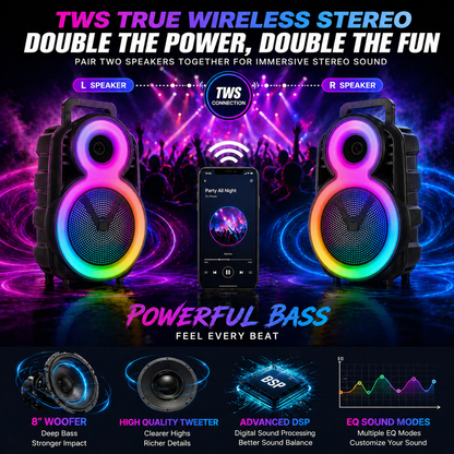 8″ Bass 3600mAh Ourdoor Party Speaker Bluetooth Long battery Life