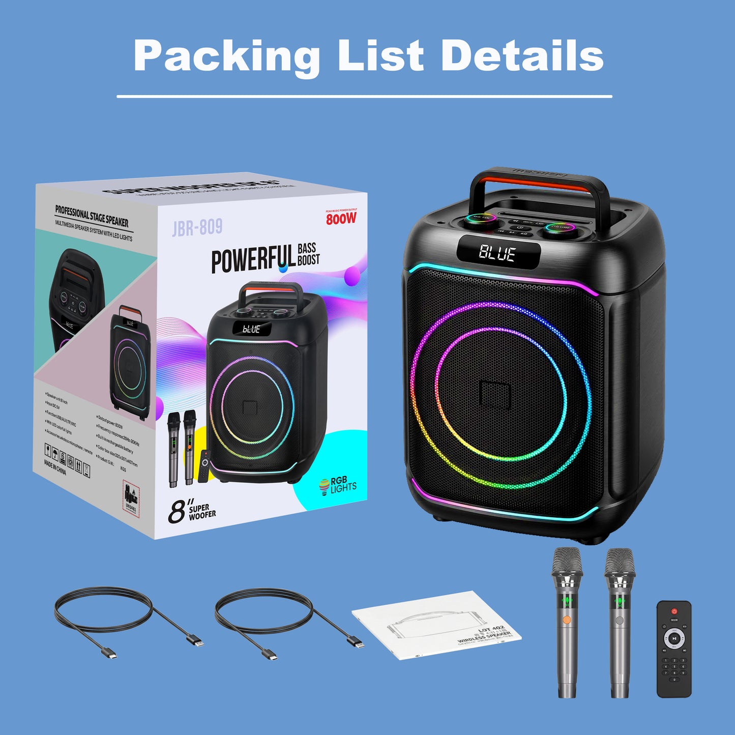 40W 8in Bass+Tweeter Portable Bluetooth Speaker for Home, Outdoor