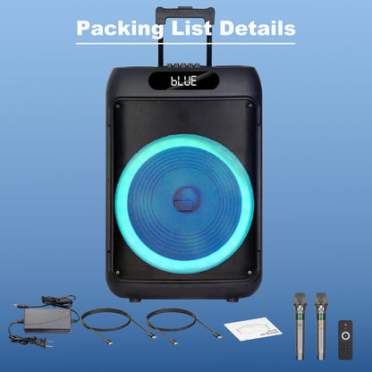 50W 15″ bass Portable speaker 4500mAh with 2pcs wireless microphones bluetooth