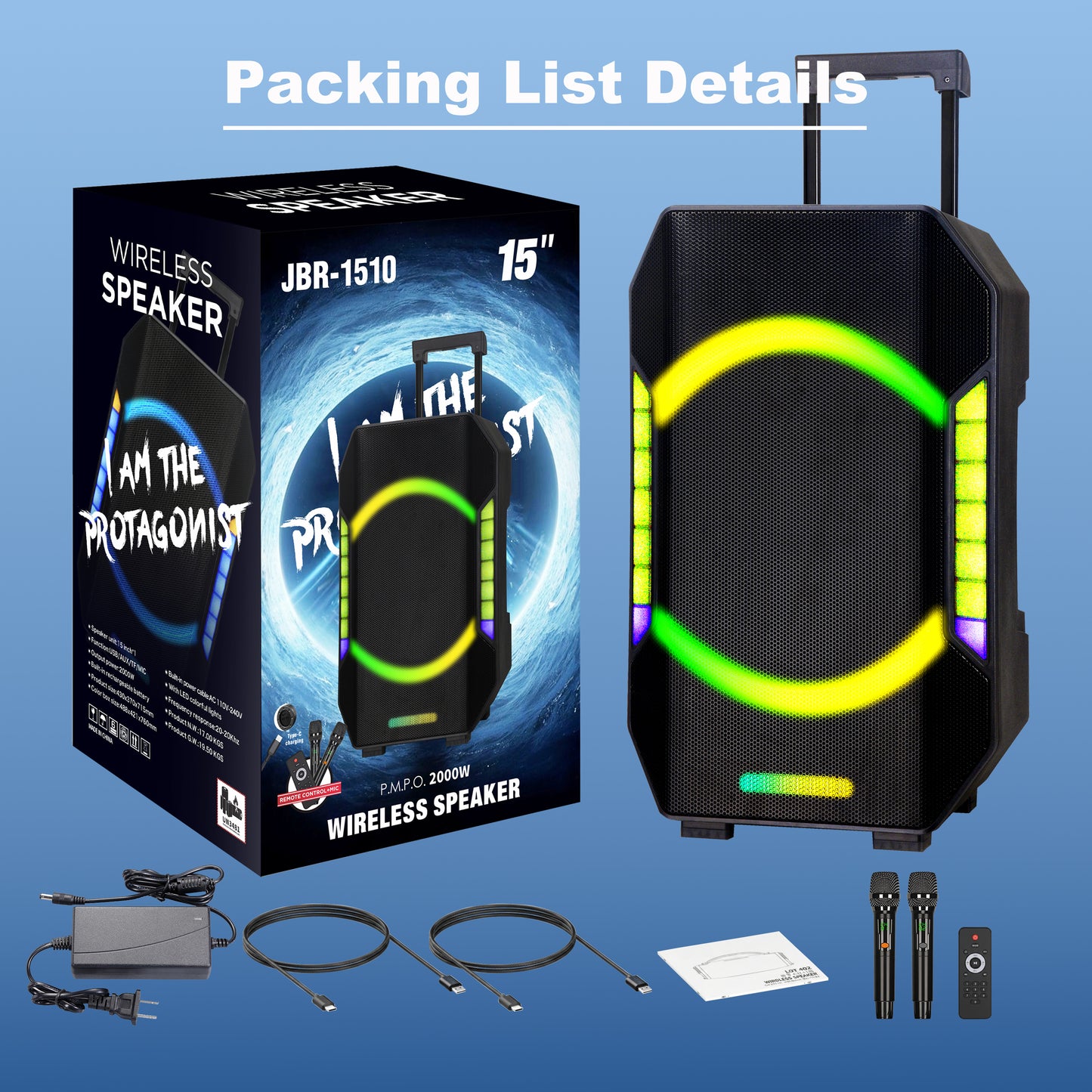 15“ Subwoofer + Tweeter 12V 7000mAh 80W Bluetooth Party Speeker with Microphones