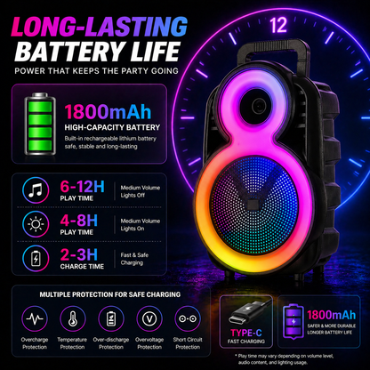 8″ Bass 3600mAh Ourdoor Party Speaker Bluetooth Long battery Life