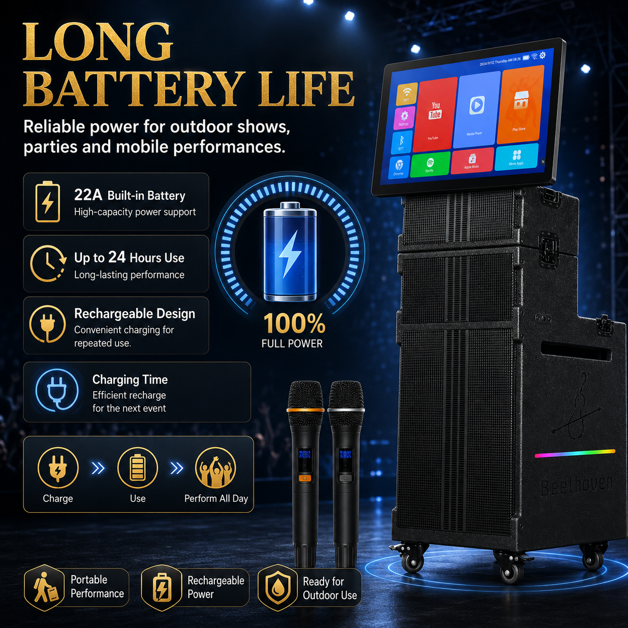 Outdoor 15 inch large screen singing high-power 200W 27 inch touch screen outdoor performance activity audio