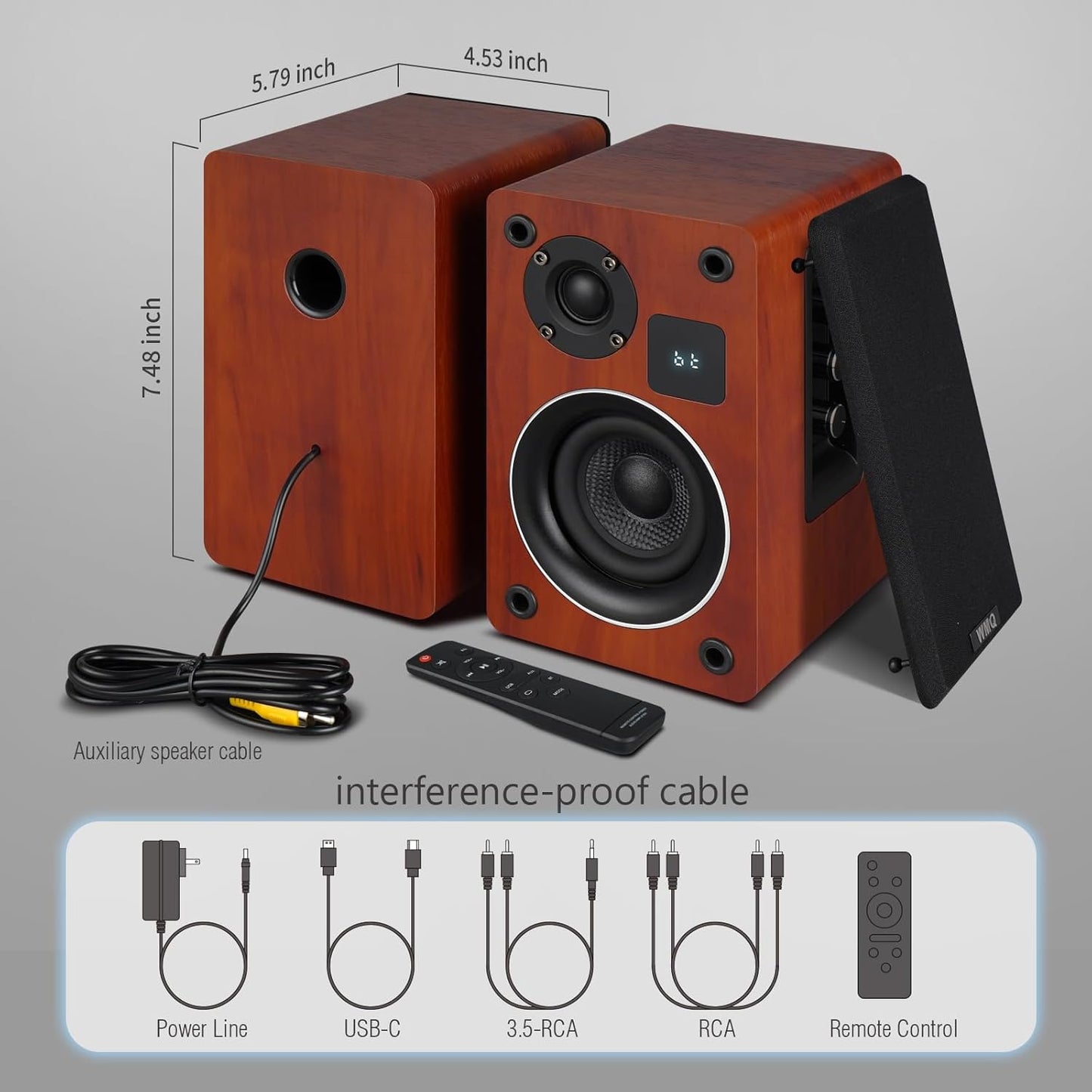 Powered Bluetooth Bookshelf Speakers with Remote & Display, 3.5"/4"/4.5" Carbon Fiber Drivers, RCA AUX Input, Wired Wireless Speakers for Turntable Record Player TV