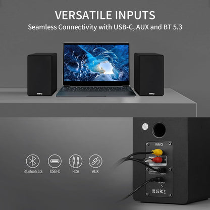Powered Bluetooth Bookshelf Speakers with Remote & Display, 3.5"/4"/4.5" Carbon Fiber Drivers, RCA AUX Input, Wired Wireless Speakers for Turntable Record Player TV